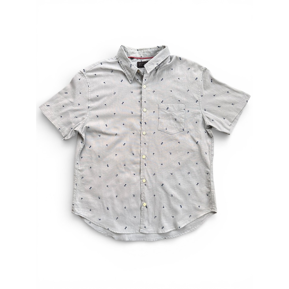 Jachs New York Mens Large Grey Linen Blend Palm Tree Pineapple Button Down Shirt